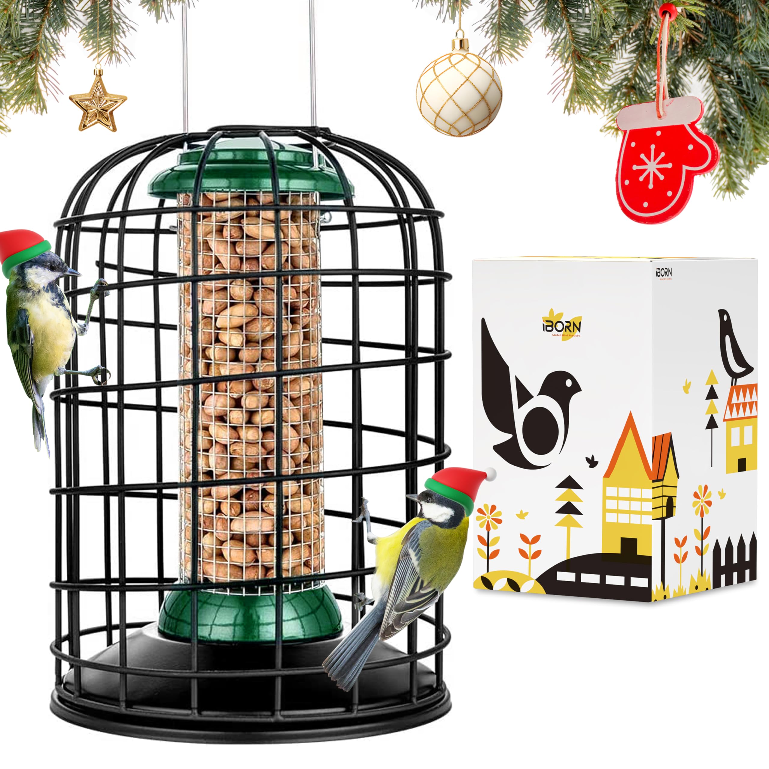 iBorn Squirrel Proof Bird Feeders for Peanut, Sunflower Seed Outdoor Hanging For Wild Birds Woodpeckers, Heavy Duty All Metal Peanut Feeder Anti-UV Finishing, Green 8 Inch for Birds Enthusiasts