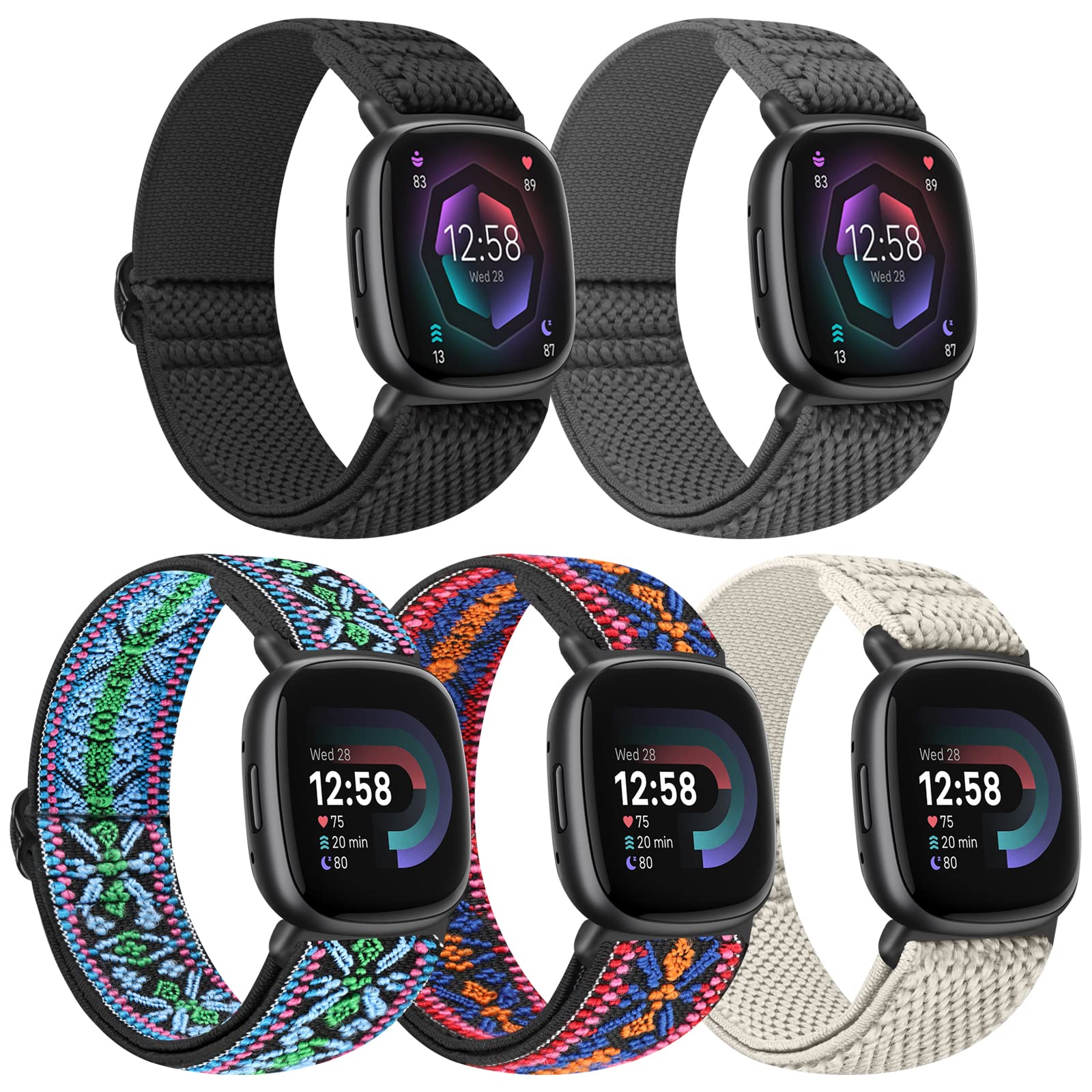 Tiptops 5 Pack Straps Compatible for Fitbit Versa 4/Fitbit Sense 2 Straps/Fitbit Versa 3/Fitbit Sense Bands Men Women, Adjustable Comfortable Loop Nylon Sports Replacement Stretchy Bands — image 1