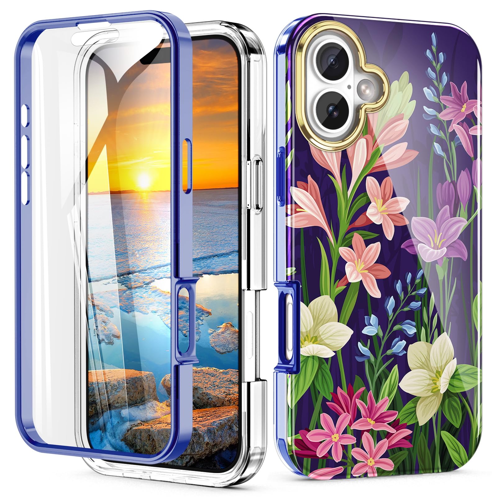 Turquiase Cute Flower Case for iPhone 16 6.1 inch Built with Screen Protector, Lightweight and Stylish Full Body Shockproof Protective Rugged TPU Case for Women/Girls