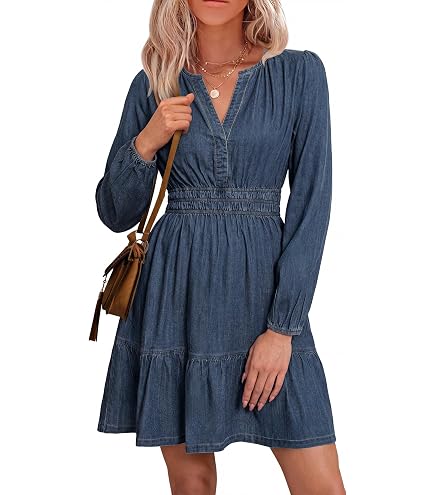 womens autumn dress f denim utcoco Women's Flowy 2025 Vacation Lapel Long Puff Sleeve Button Down A Line Swing Ruffle Jean Dress (X-Small, Blue) at Amazon Women's Clothing store Color:Maroon Satin Vintage 1990s Denim Teacher group-cotton-poplin-black how to style a denim dress for fall back vibe