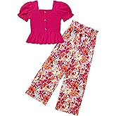 FoWear Girls Clothes Solid Color Square Collar Stretch Top and Wide Leg Pants Clothes for Teen Girls 6-14Y