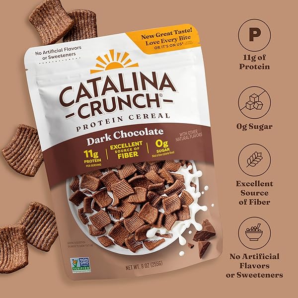 CATALINA CRUNCH PROTEIN CEREAL – SUGAR FREE BREAKFAST CEREAL WITH 11G OF PROTEIN – GLUTEN FREE – DARK CHOCOLATE – 9 OZ. BAG (PACK OF 1)