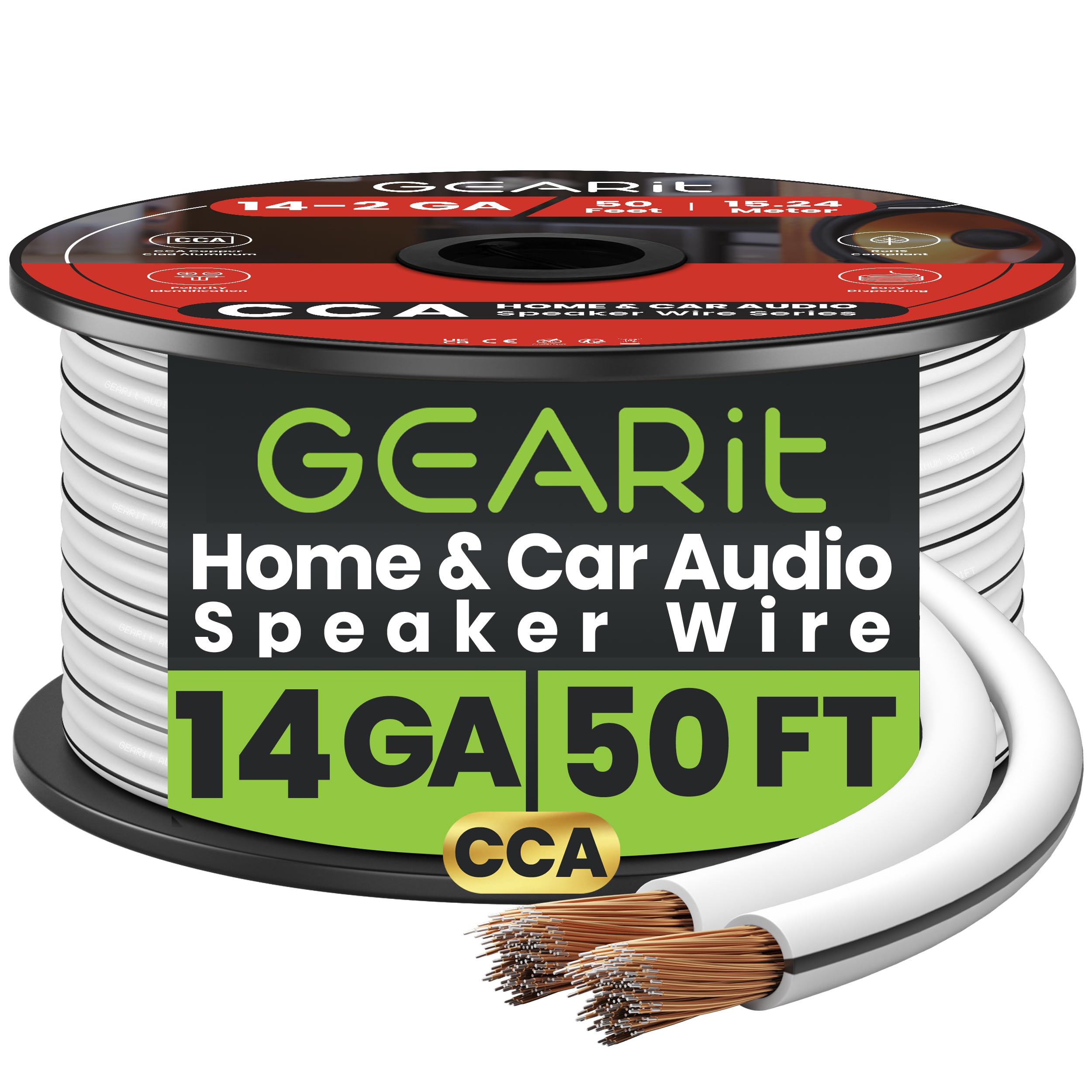 GEARit 14 Gauge Speaker Cable 50ft, 2x2.5mm² CCA Copper Clad Aluminum Speaker Wire for Hifi Home Theater Speakers & Car Audio Stereo, 14AWG Flexible Audio Cable for DIY (15.24M - White)
