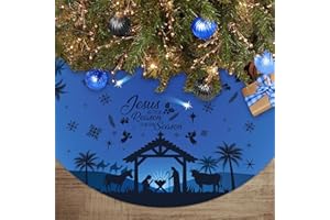 Nativity Christmas Tree Skirt Jesus is The Reason for The Season Xmas Tree Mat Blue Nativity Scene Farmhouse Winter Holiday C