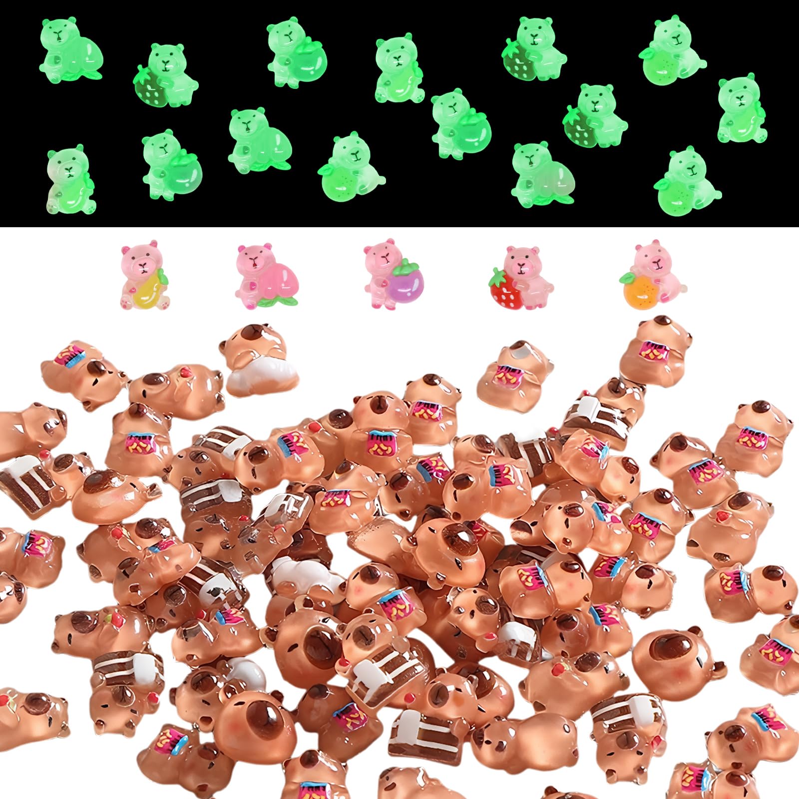 llikknve 200 Pcs Mini Capybara Resin Animals,Charming Capybara Figures,Including 50 Glow-in-the-Dark,Perfect for Crafts,Nail Art Decor(Random Style)
