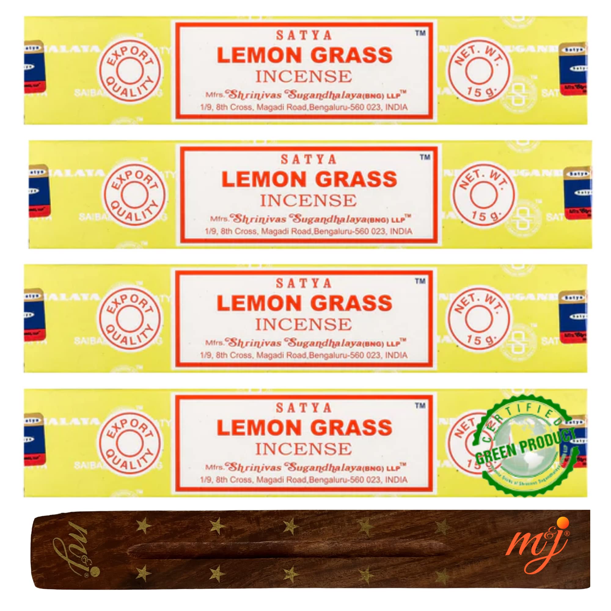Original Satya Nag Champa Lemon Grass Incense Sticks | with M&J incense sticks holder | x4 pack | for Aromatherapy, Spa, Yoga, Weddings, Meditation, Healing, Positivity and Relaxation — image 1