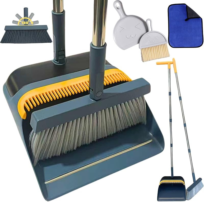 Floorington Dustpan and Brush Set Long Handled 124 cm Lightweight 800g Grey