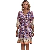 HECCPLI Women's Bohemian Dress V Neck Front Tie 3/4 Long Sleeve Floral A Line Beach Boho Tunic Dress