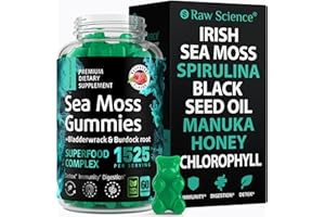 S RAW SCIENCE Irish Sea Moss Gummies - Detox Cleanse & Thyroid Support for Women & Men - Black Seed Oil, Manuka Honey, Fenugreek, Chlorophyll, Burdock Root - Gut Health, Immune Support & Energy Supplements - 60 pcs