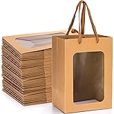 ZENFUN 30 Packs Brown Gift Bags with Handles Valentine's, Kraft Shopping Bags with Transparent Window, 9.8 x 7.1 x 5.1 inch Paper Gift Bags for for Thanksgiving Christmas Birthday Wedding