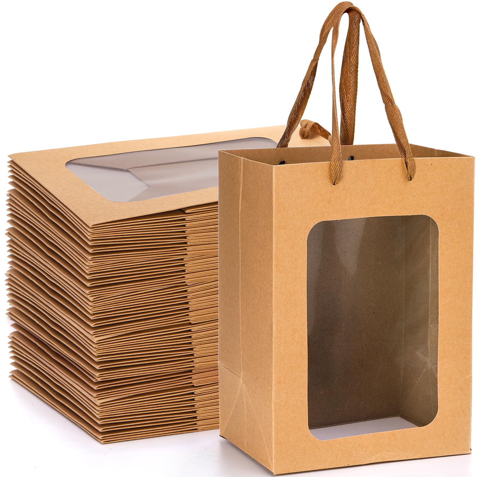 Photo 1 of ZENFUN 30 Packs Brown Gift Bags with Handles Valentine's, Kraft Shopping Bags with Transparent Window, 9.8 x 7.1 x 5.1 inch Paper Gift Bags for for Thanksgiving Christmas Birthday Wedding