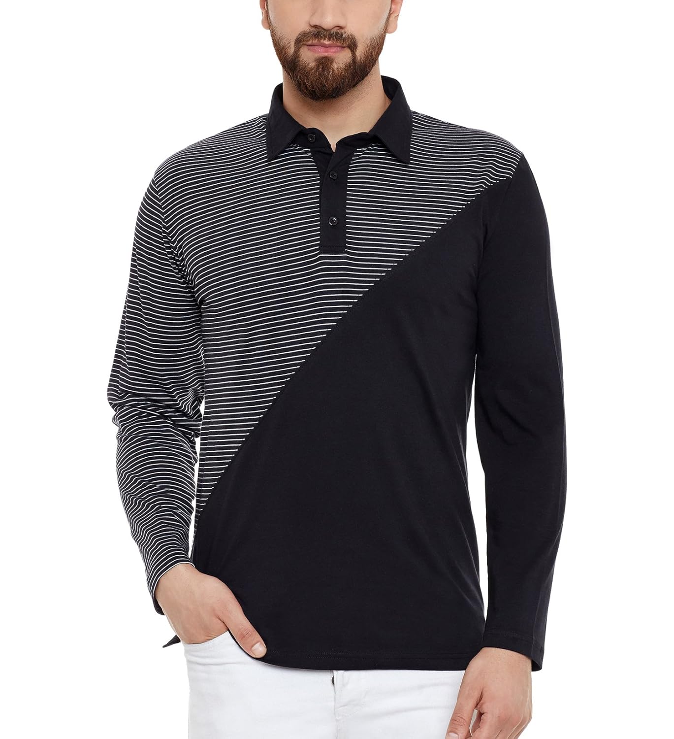 Hypernation Black And White Stripe Cotton Blend Polo T Shirt For