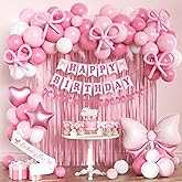 Pink Bow Birthday Decorations for Girls Women, Coquette Birthday Decorations, Fringe Curtain, Foil Balloons, Cake Toppers, Bows Theme Party Decor Girl