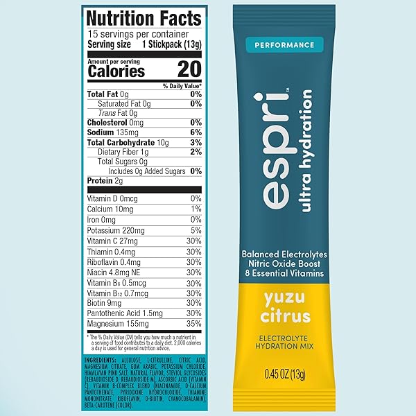 ESPRI ZERO SUGAR ELECTROLYTE DRINK MIX, YUZU CITRUS, HYDRATION PACKETS, NITRIC OXIDE BOOST, LOW CALORIES, MAGNESIUM CITRATE PREVENTS MUSCLE CRAMPS AND IMPROVES RECOVERY, 15 DAY SUPPLY