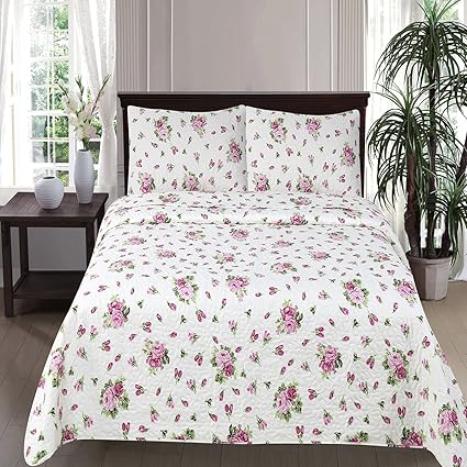 Skipper Furnishings Quilted and Reversible Microfibre Double Bed Spread and 2 Pillow Covers - Floral, Multicolour