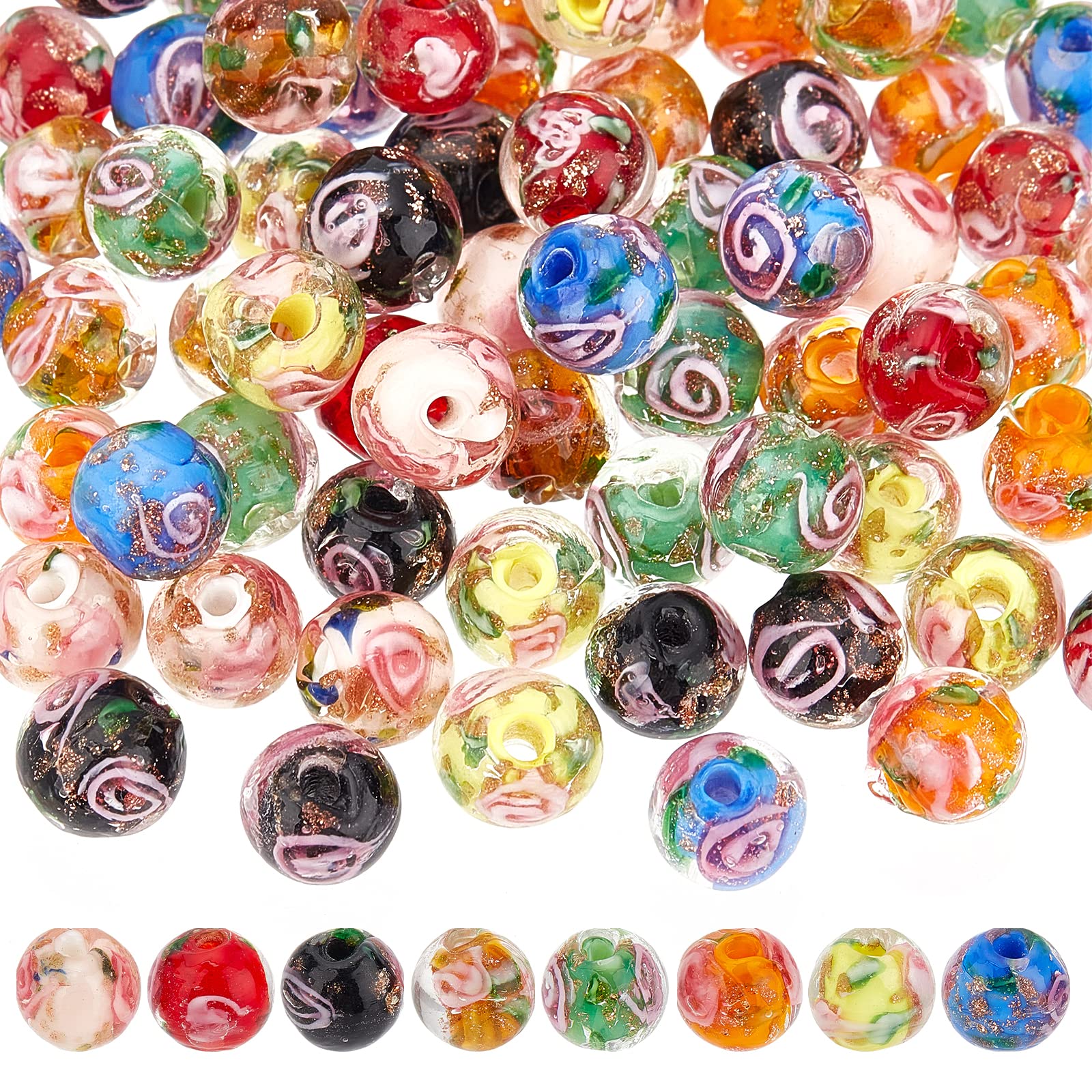 OLYCRAFT 80pcs 8mm Gold Sand Lampwork Beads - 8 Colors - Round, Flower Shaped - Glass - Craft Bead