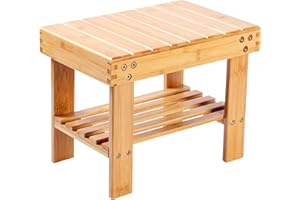 VaeFae Bamboo Small Seat Stool, Foot Rest Shaving Stool, Storage Shelf, Durable Lightweight and Anti Slip, for Home, Bathroom