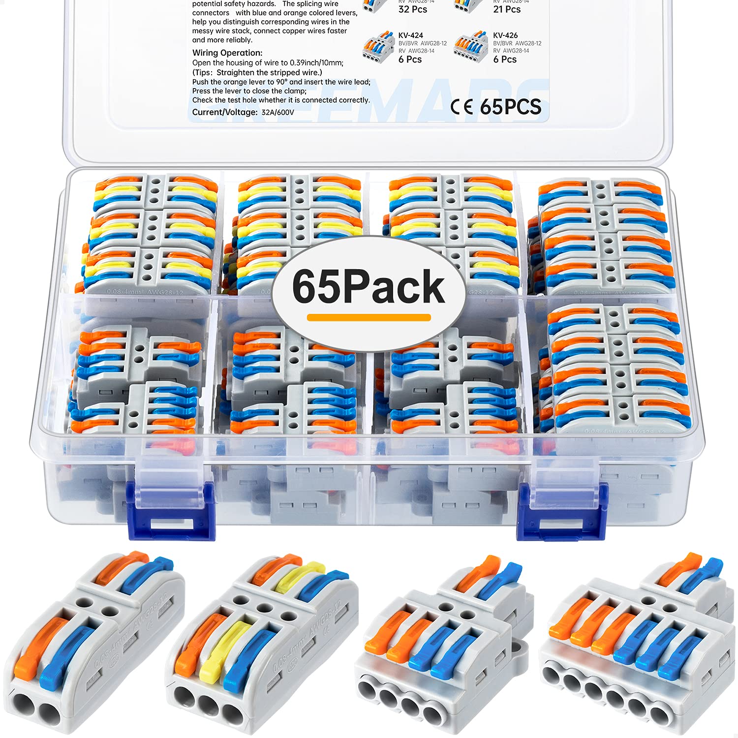 Photo 1 of GKEEMARS 65 Pcs Compact Splicing Wire Connectors Assortment Pack, Quick Wiring Connector for AWG 28-12