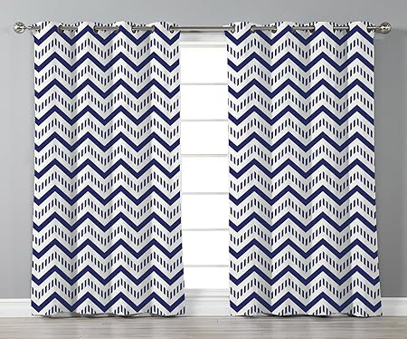 Satin Grommet Window Curtains Navy Blue Decor Chevron Zig Zag