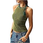 OYOANGLE Women's Halter Tie Tank Top Solid Knit Slim Fit Open Shoulder Camisole Tops