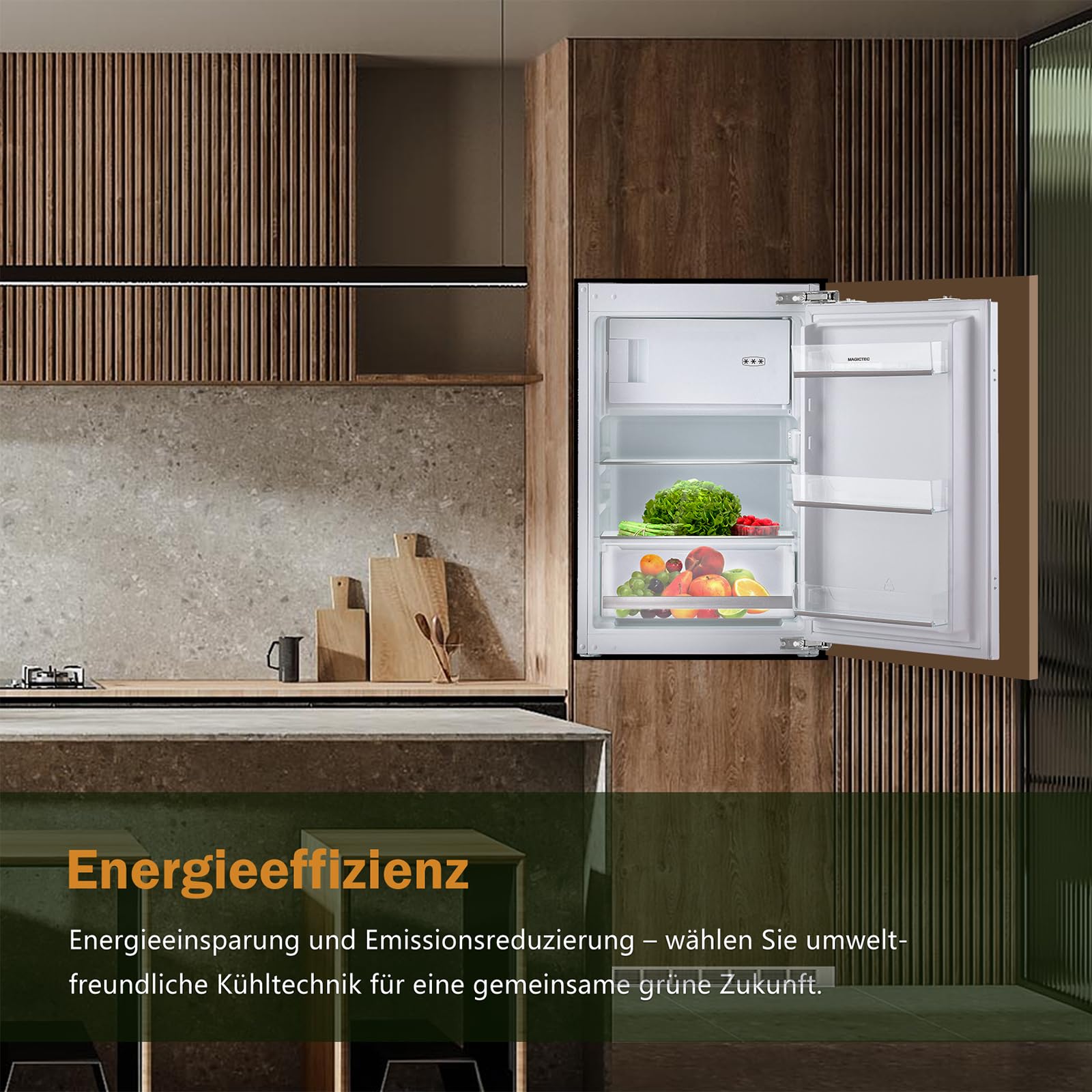 Einbaukühlschrank mit gefrierfach 88cm Einbau kühlschrank 118 L | ( 16L Gefrierfach + 102L Kühlschrank ) | Energieeffizient | Leise | 2 hat,1 schubladen | Einfach zu reinigen | Wechselbaren Türsc 4