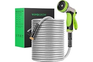 VIVOGROW Metal Garden Hose 50ft, Stainless Steel Water Hose with Brass Fittings & 10-Function Nozzle, Tangle Free & Crush Proof, Flexible Bionic Hose for Garden Watering, Pet Bathing, Car Washing
