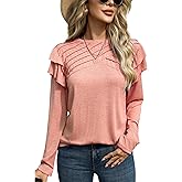 GraceSelect Long Sleeve Shirts for Women Ruffle Crewneck Loose Fit Blouses Casual Front Pleated Tops for Fall and Spring 2025 Coral Pink