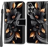 Case Wallet for Samsung Galaxy S25/S24, [Kickstand] 3 Card Holder Stand [Shockproof TPU Interior Shell], PU Leather Magnetic Protective Flip Cover 6.2", Black Flower