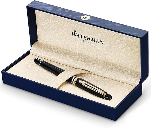 Amazon Com Waterman Expert Rollerball Pen Gloss Black With 23k Gold Trim Fine Point With Black Ink Cartridge Gift Box Office Products
