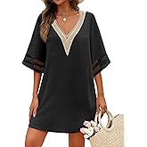 AI'MAGE Women's Swimsuit Cover Up 3/4 Bell Sleeve Loose Beachwear Deep V-Neck Bikini T-Shirt Beach Dress S-XXL