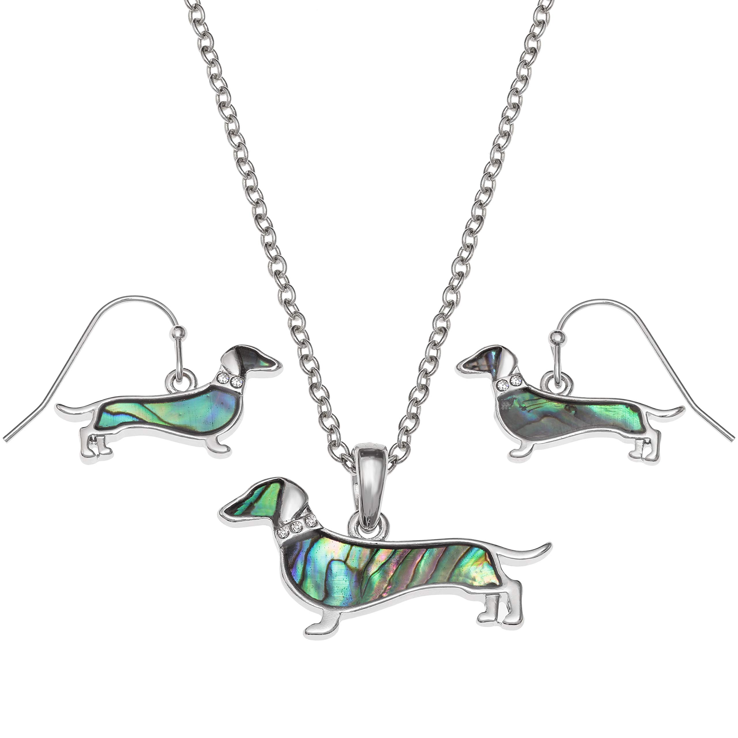 Kiara Jewellery Boxed Set Dachshund/Sausage Dog Pendant Necklace Inlaid With Greenish Paua Abalone Shell And Glass Stone Collar on 18" Chain. Matching Earrings