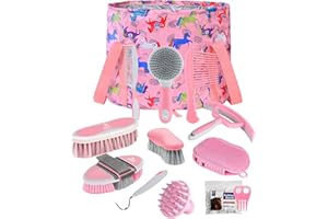 Harrison Howard Horse Grooming Kit 11-Piece Equine Care Series Horse Brush Sets with Organizer Tote Bag Tack Room Supplies Shedding Grooming Massaging Tools Pink Brushstroke Ponies
