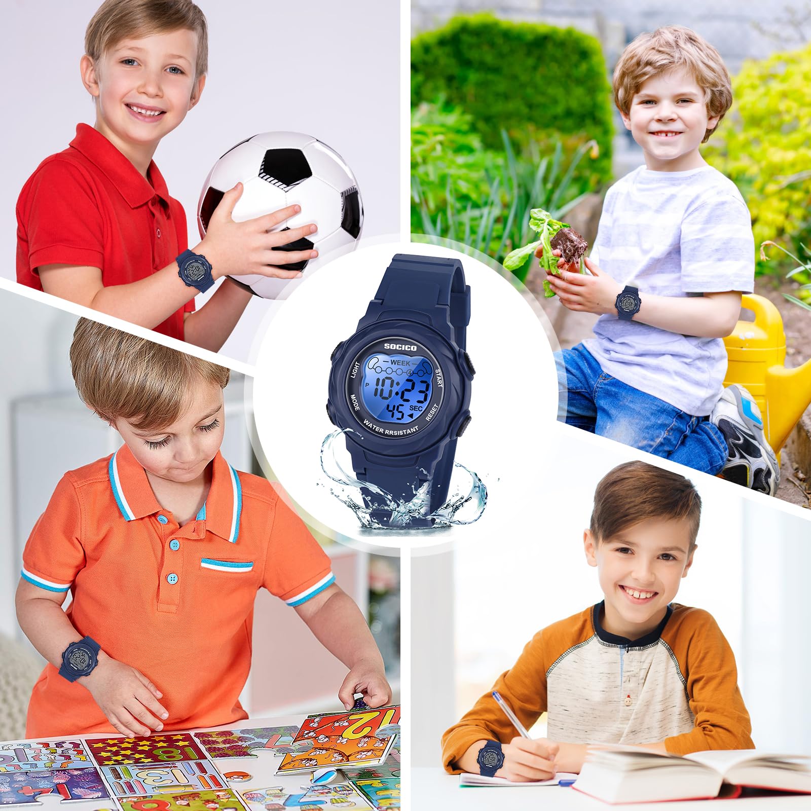 SOCICO Kids Digital Watches for Girls Boys, 5ATM Waterproof, 7 Color Lights Waterproof Watches for Kid with Alarm Stopwatch, Soft Band Wrist Watch Christmas Gifts for Kids Ages 5-12