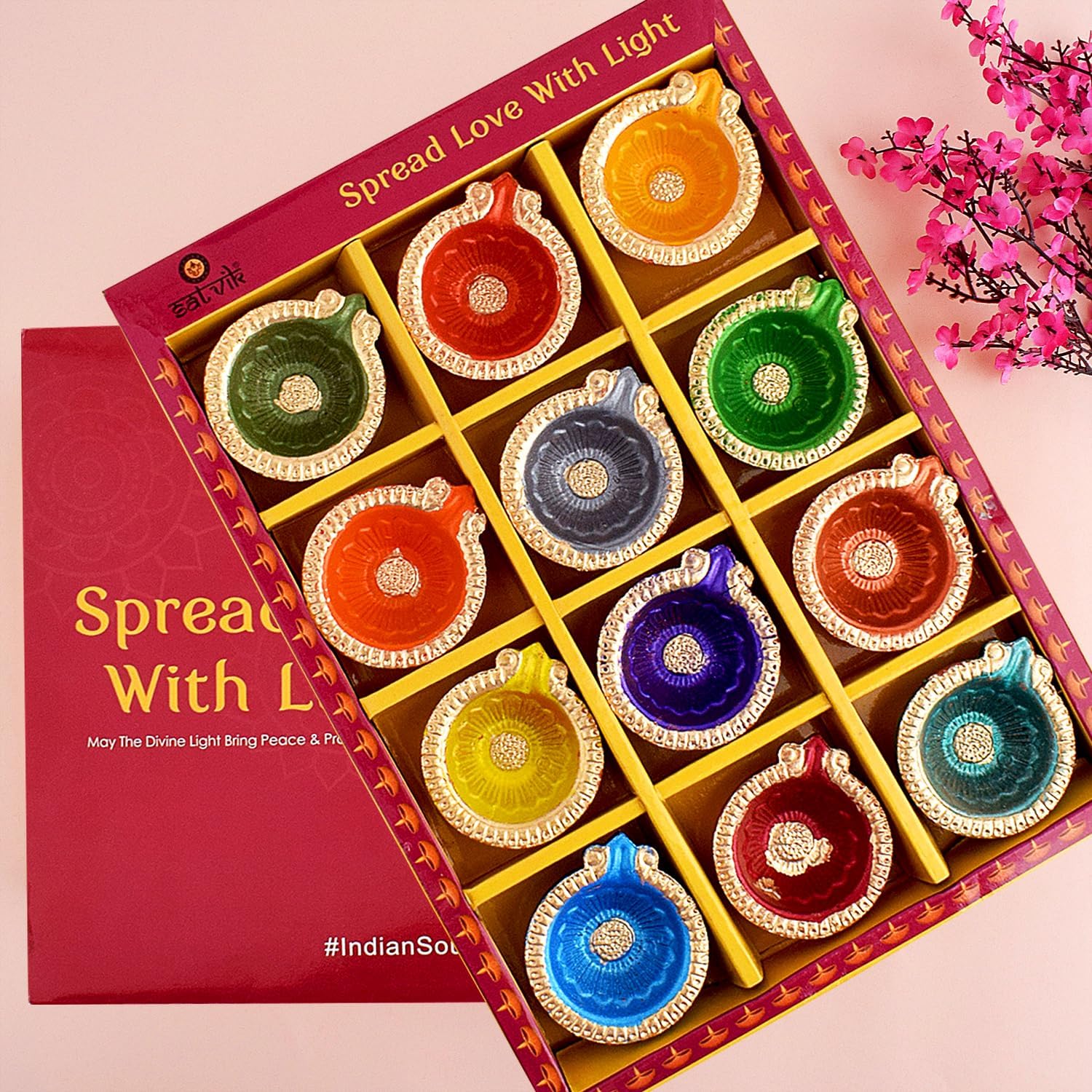 Oil Lamps & Accessories - SATVIK 12 Pc Multicolor Clay Diya Terracotta Dia Traditional Puja Vilakku Oil Lamp Natural Mitti Diya Tea Light Welcome Diwali Deepawali Navratri Pooja Décorations Indian Housewarming Return Gift Item