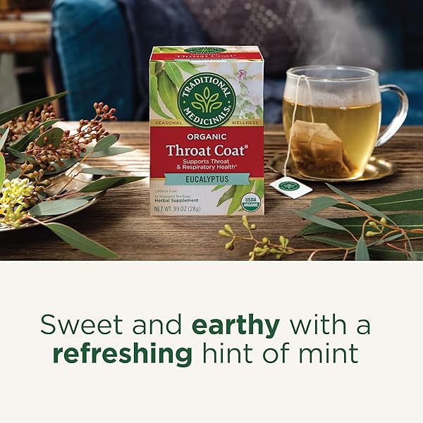 TRADITIONAL MEDICINALS TEA, ORGANIC THROAT COAT EUCALYPTUS, THROAT AND RESPIRATORY SUPPORT, 16 TEA BAGS
