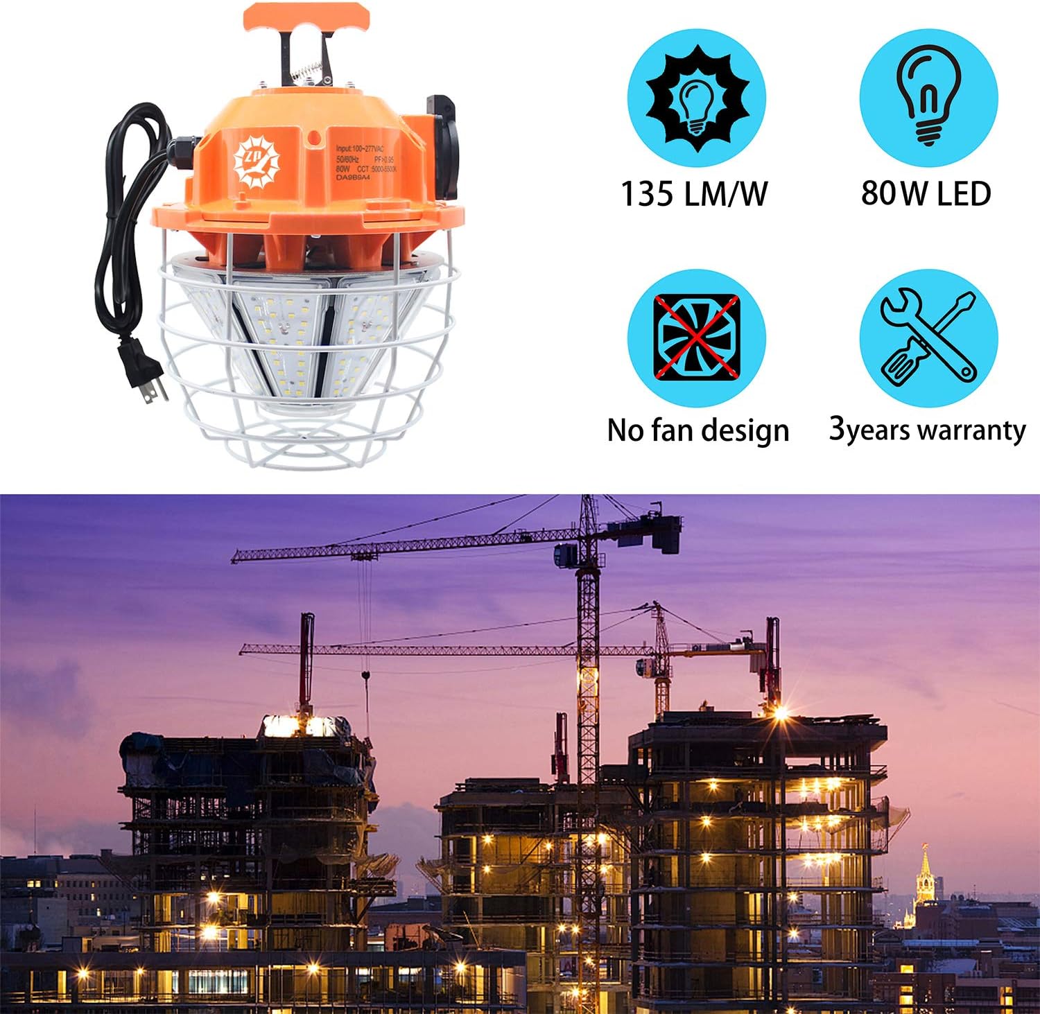 High Bay 80W LED Temporary Work Light Fixture 10800Lm 5000K Cool White