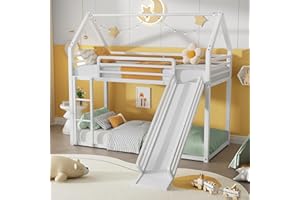 PVWIIK Full Over Full Metal Bunk Bed with Slide and Roof Design for Girls, Boys,Bedroom,House Shaped Bunk Bed Frame for Kids,No Box Spring Needed,White
