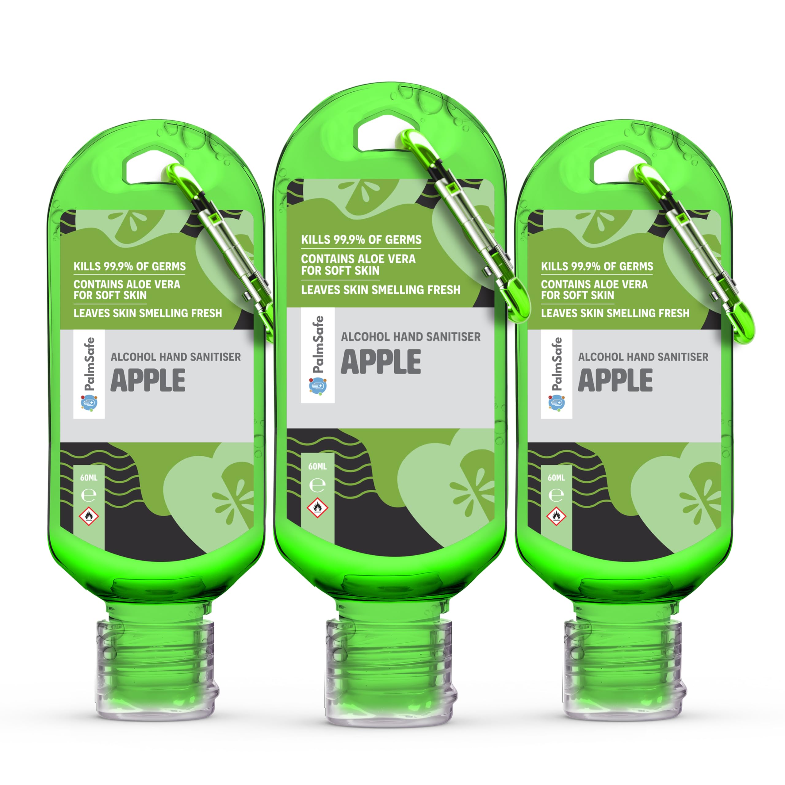 Palm Safe Apple 3 Pack 60ml Anti Bacterial Premium Hand Sanitiser Travel Size Refillable Clip Bottle Quick Drying Non Sticky Extra Moisturising Kills 99.9% of Viruses and Bacteria