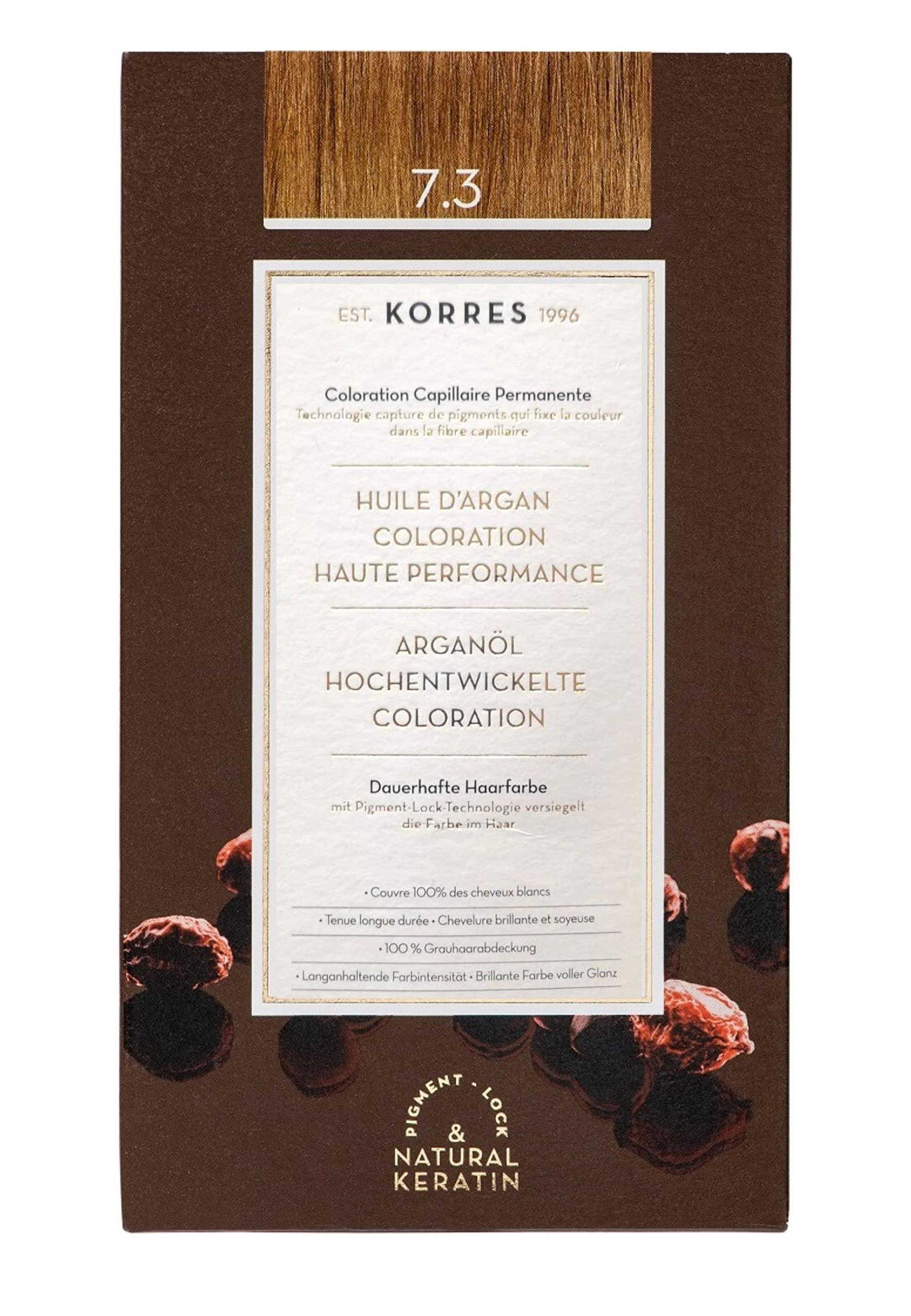 KORRES Argan Oil Colorant - Amonia-Free Hair Colour Honey Blonde Gold 7.3-100% Grey Hair Coverage & Vegan for a Long-Lasting Colour Result
