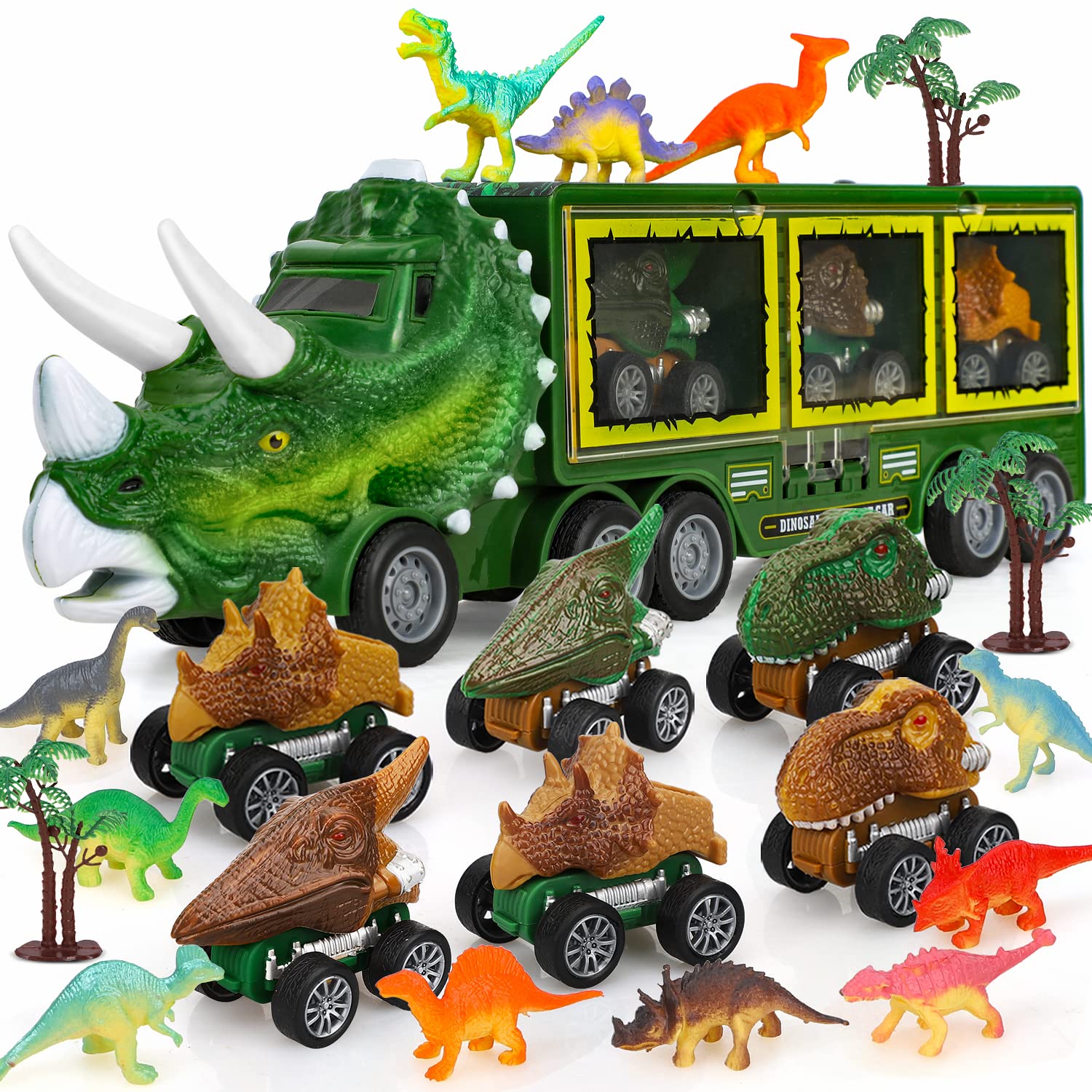 Photo 1 of TOY Life Dinosaur Toys for Kids 3-5 5-7, 21 Pack Dinosaur Truck with 6 Pull Back Dinosaur Cars and Dinosaur Figure, Toddler Toys for Boys and Girls, Dinosaur Transport Carrier Truck for Kids