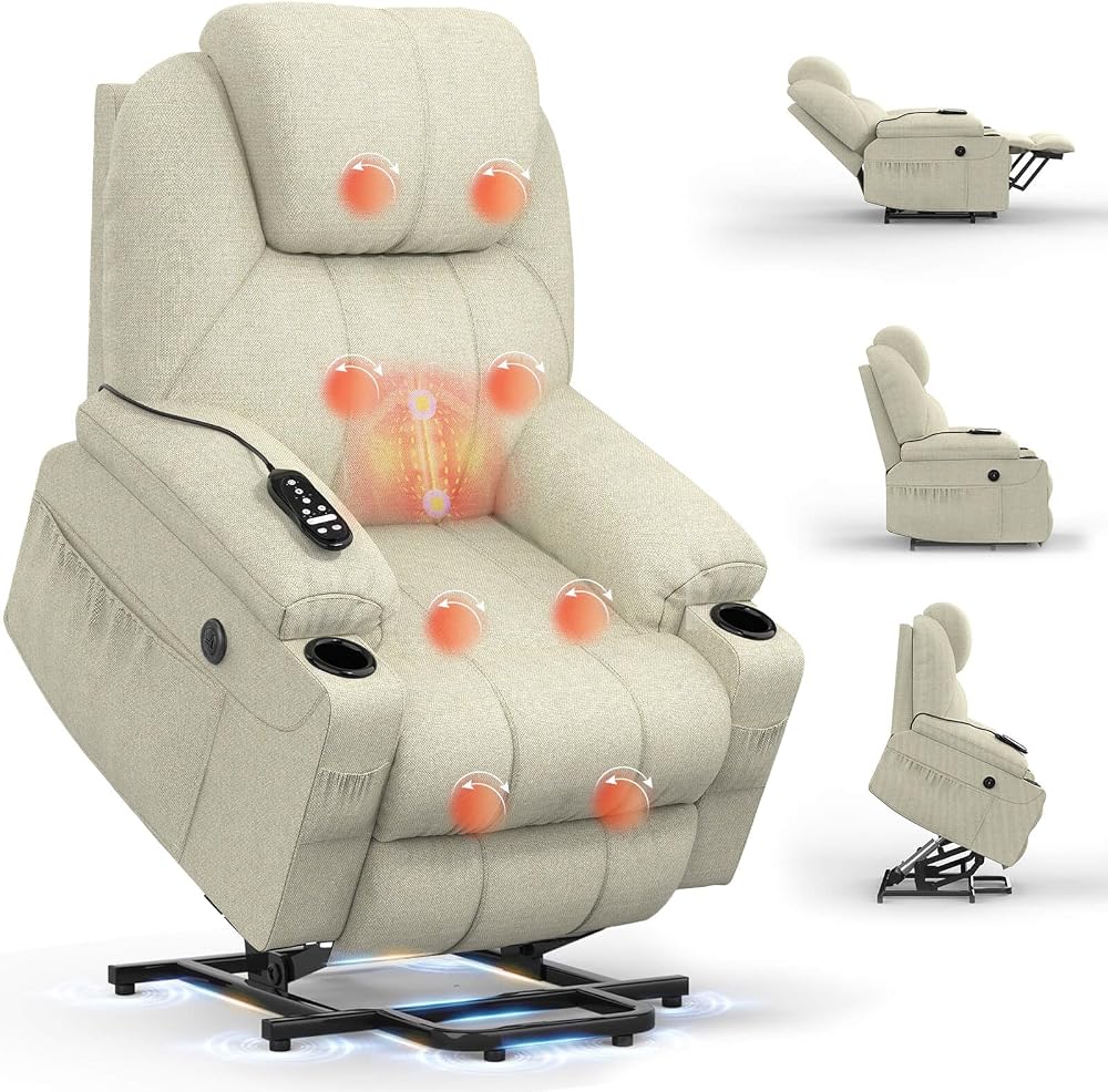 BareTay Power Lift Recliner Chair with Massage Heat USB Type C 2 Cup Holders
