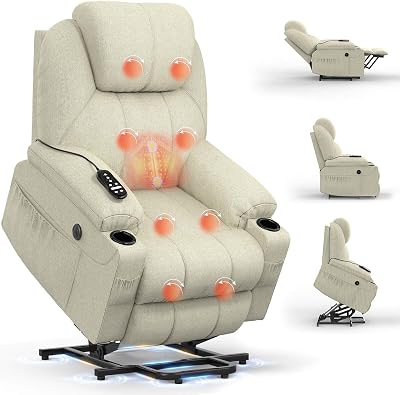 BareTay Power Lift Recliner Chair with Massage Heat USB Type C 2 Cup Holders
