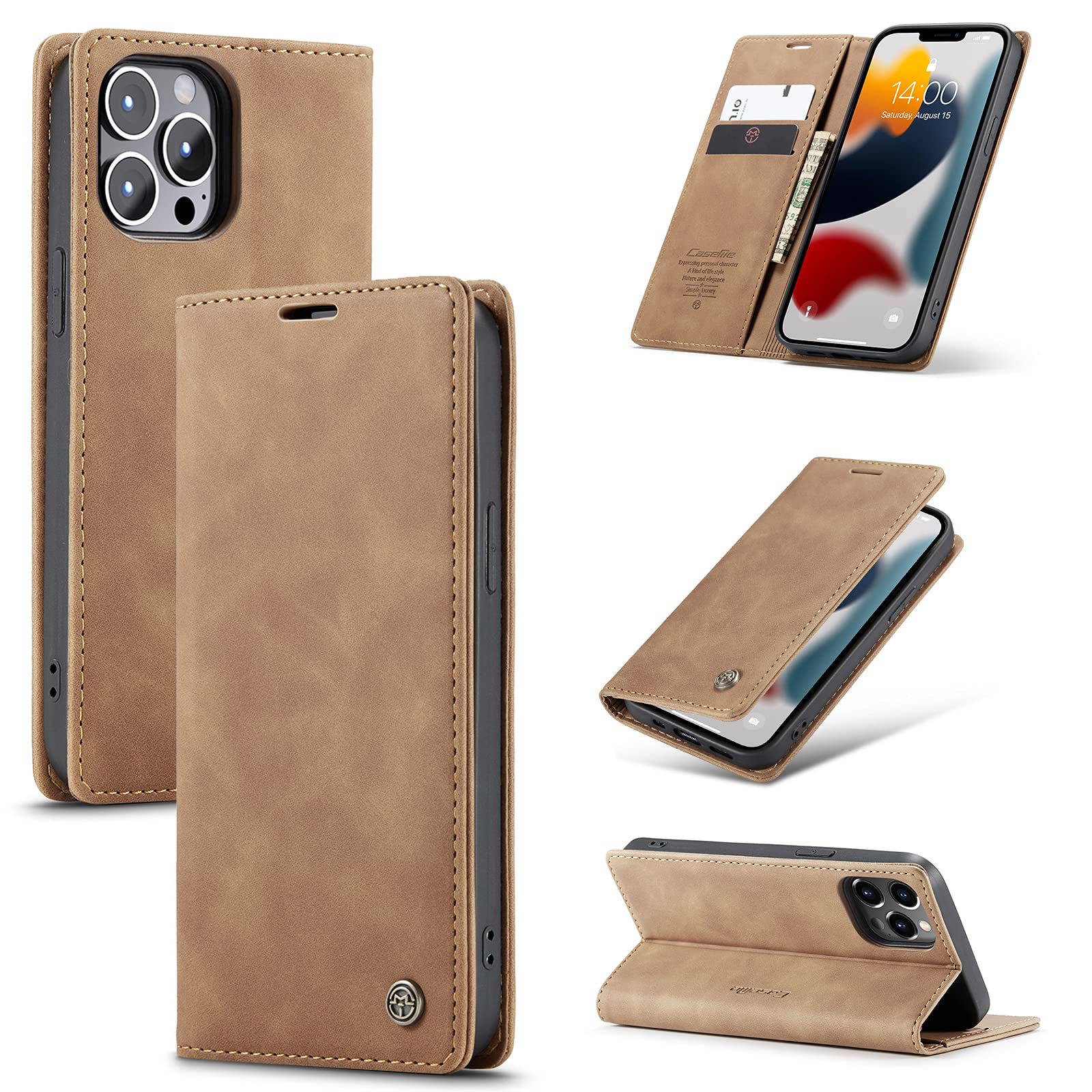 UFinetech Case for iPhone 13 Pro Max, Shockproof Anti-scratch Cover with iPhone 13 Pro Max (6.7”), Leather TPU Slim Soft Flip Folio Magnetic Closure Kickstand Card Holder Wallet Camera Protector,Brown
