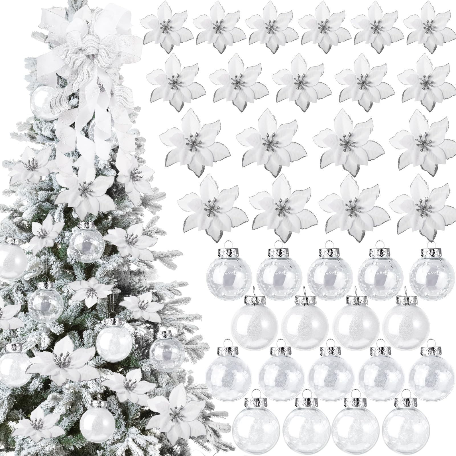 49 Pcs Silver Christmas Tree Decoration Set Include Christmas Tree Topper, 24 Glitter Xmas Flowers 3 Sizes, 24 Pcs 2.36 Inch Xmas Ball Ornaments for Holiday Party Decorations
