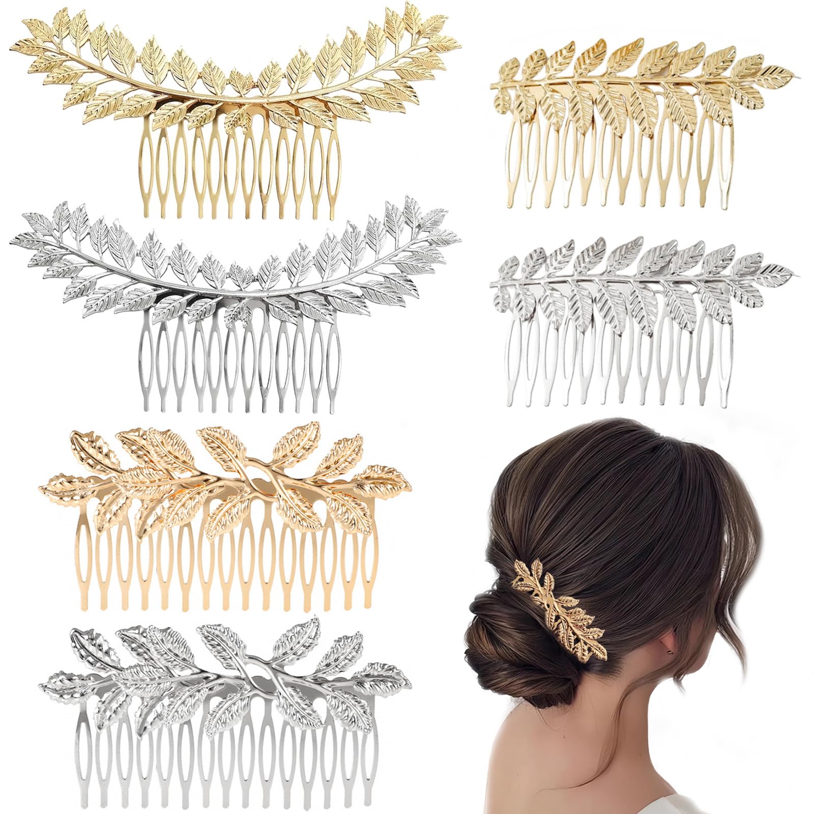 Paotxpum 6 PCS Leaf Hair Side Combs Gold Silver Petal with Teeth Combs French Vintage Twist Metal Bridal Decorative Hair Comb Women Girls Thin Hair and Thick Hair for Wedding Party Prom