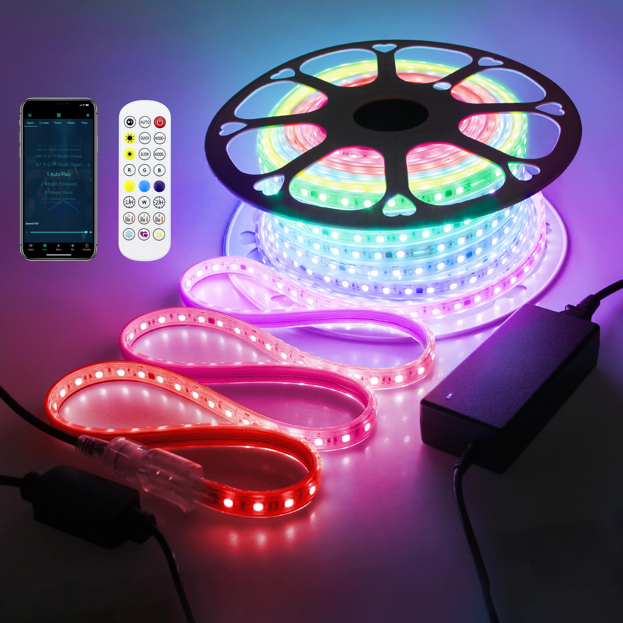 Photo 1 of Samsion 100FT Smart LED Light Strip RGB IC 1 Roll 24V Addressable Outdoor LED Strip Lights Waterproof Multi Color Chasing LED Lights with Remote APP Control Music Sync DIY Design for Bedroom 60 LEDs/M