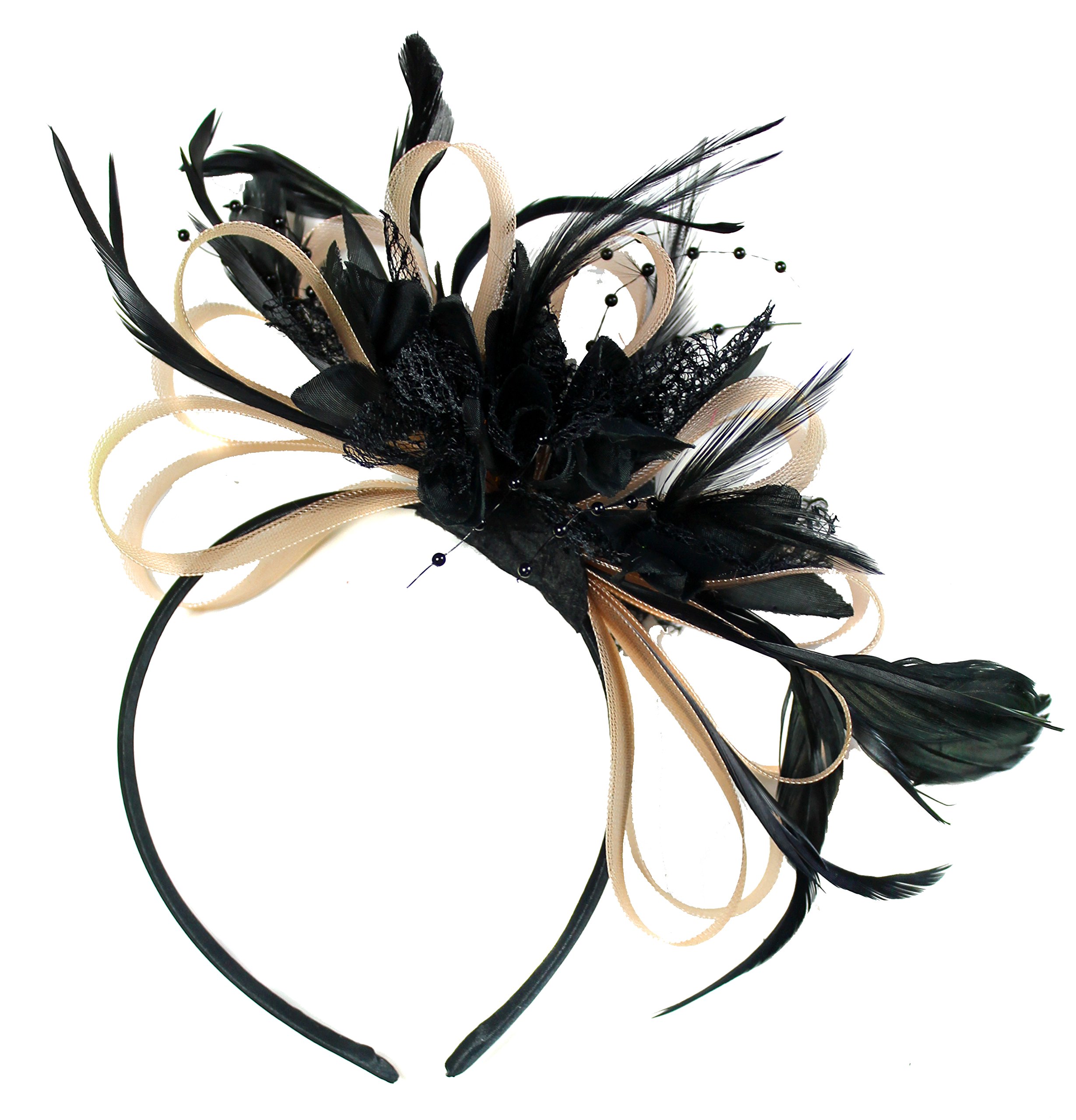 Caprilite Salmon Nude Pink and Black Net Hoop Feather Hair Fascinator Headband Wedding Royal Ascot Races