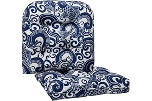 LOVTEX Indoor/Outdoor Tufted Seat Cushions for Patio Furniture Set of 2, 19x19 in Blue Carp Outdoor Chair Cushions - Overstuffed Patio Furniture Cushions for Wicker Chair with Round Corner