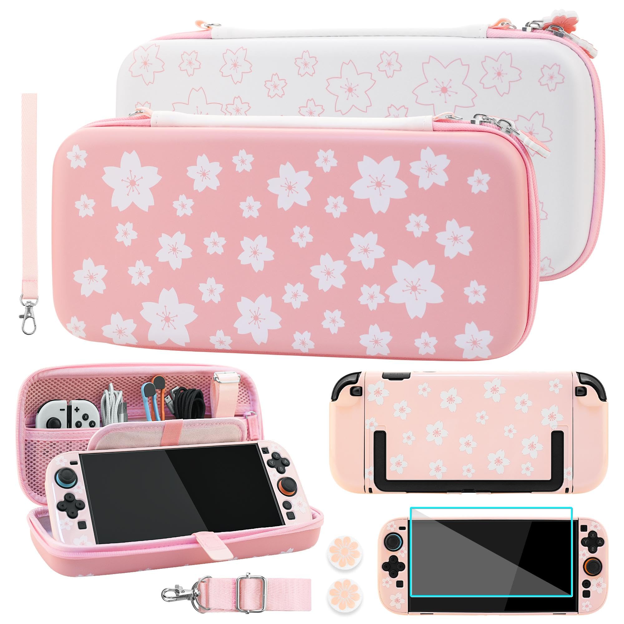 GLDRAM Cherry Blossom Carrying Case for Nintendo Switch 2, Pink-White Girly Accessories Kit with Portable Travle Storage Bag, Cute Protective Cover, Screen Protector, Sakura Thumb Grips & Wrist Strap