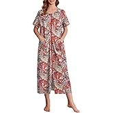 Ekouaer Women's Zipper Robes Full Length Short Sleeve Housecoats House Dress with Pockets Loungewear Nightgown Red Flower,XXL